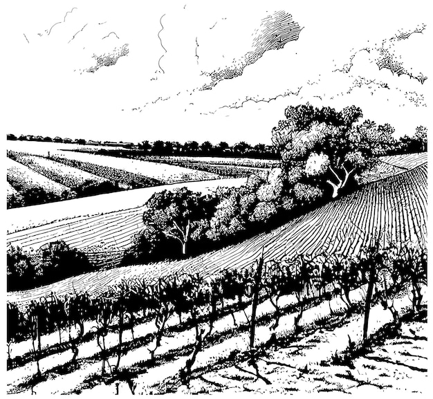 Grape plantations hills, trees, clouds on the horizon vector illustration