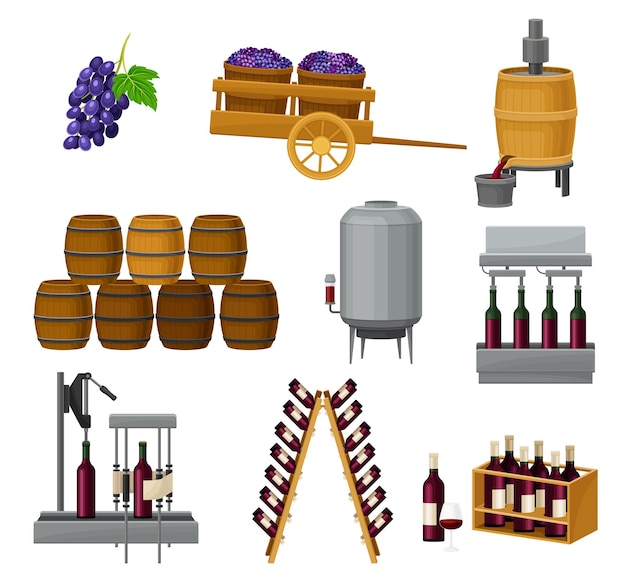 Grape Wine Production with Alcoholic Fermentation and Pouring in Bottles Process Vector Set