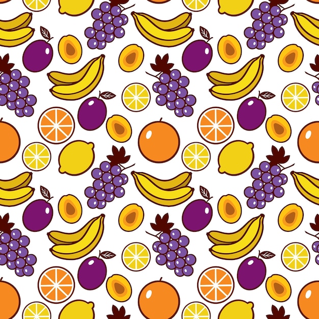 Grapes bananas lemons oranges plums Seamless vector pattern with fruits Design of textiles clothes covers wrapping paper