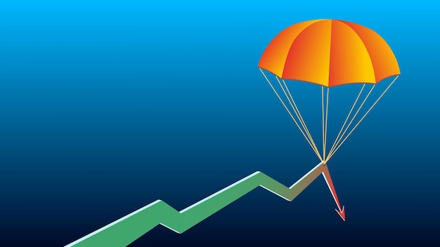 Graph arrow goes down and parachute keeps arrow from falling on blue background with copy space