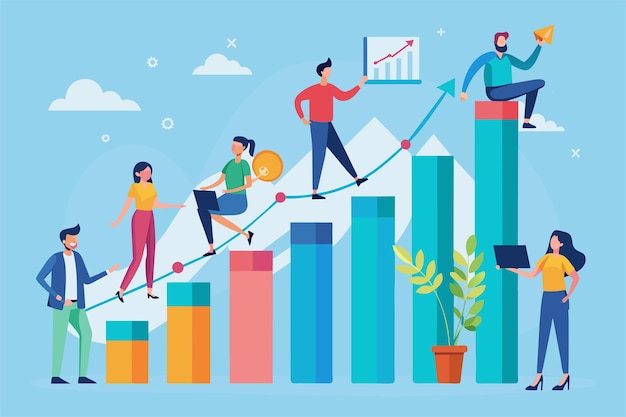 A graph illustrates increasing participation of individuals in different activities and occupations over time Analysis of a graph showing the growth of people presented in a flat illustration