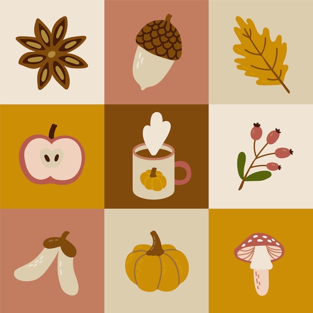 Vector graphic autumn vector pattern apple acorn berry pumpkin fly agaric oak leaf cup of tea maple seeds