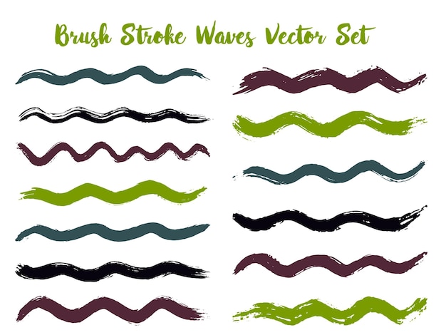 Graphic brush stroke waves vector set Hand drawn green brushstrokes ink splashes watercolor splats hand painted curls Vector ink traces color combinations Summer design paint brush curves