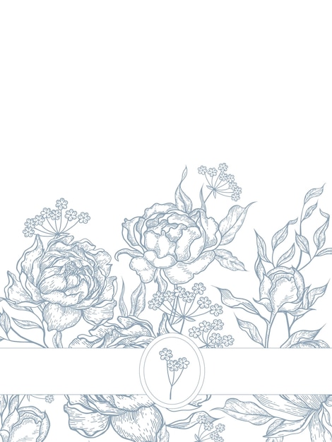 Graphic card with peony and leaves Illustration