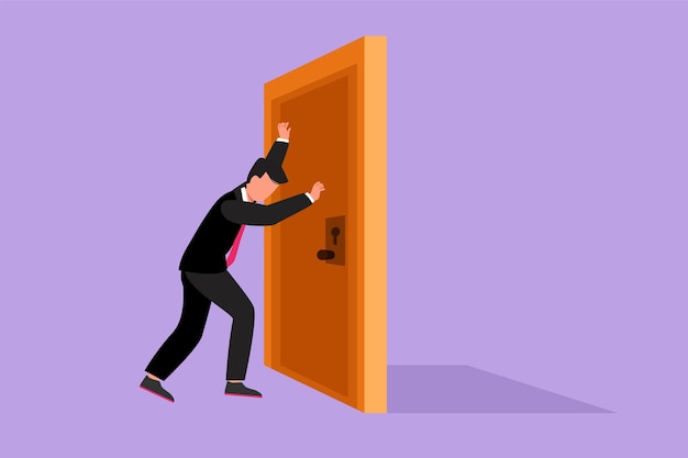 Graphic character flat design drawing of young businessman pushes closed wooden door Business struggles metaphor Strength manager for success Opening closed doors Cartoon style vector illustration