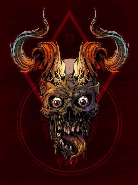 Graphic colorful human skull with bull horns