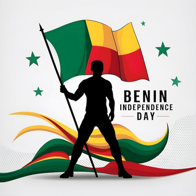 Graphic design commemorating Benin Independence Day Features a silhouetted figure holding Benins f