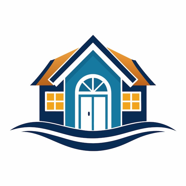 A graphic design of a house logo featuring a blue house with a yellow roof a front door windows and a wavy water design beneath it