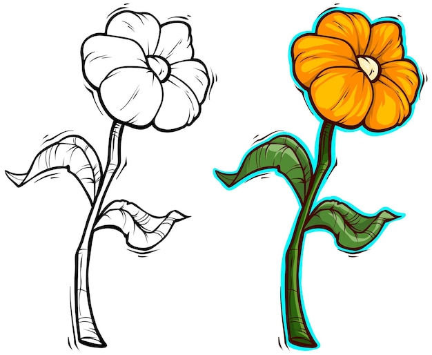 Graphic detailed cartoon orange flower with stem