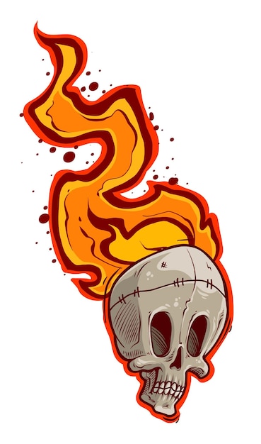 Graphic detailed hand drawn human skull with fire