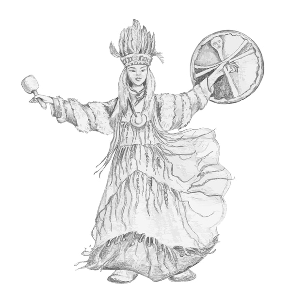 Graphic drawing of a shaman girl with a tambourine