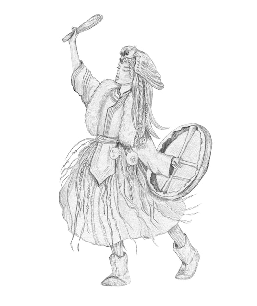 Graphic drawing of a shaman girl with a tambourine