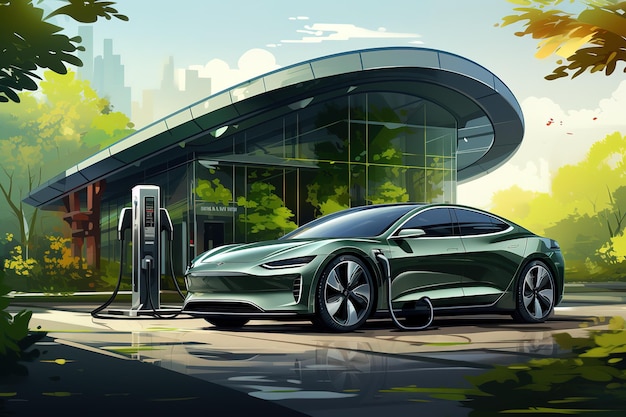 graphic of electric car at charging stationfuturistic city