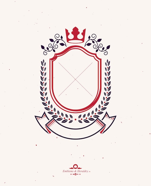 Graphic emblemcreated with ancient Crown and laurel wreath. Heraldic vector design element decorated with ribbon. Retro style label, heraldry logo.