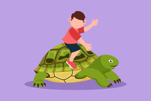 Vector graphic flat design drawing adorable little boy riding sea turtle happy child sitting on back tortoise with fins diving in beach cute kids learning to ride turtle cartoon style vector illustration