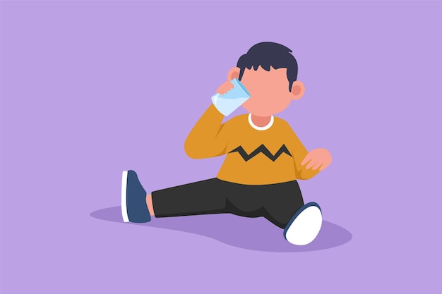 Graphic flat design drawing adorable little boy sitting while holding and enjoying glass of fresh milk to fulfill his body nutrition Child health and growth concept Cartoon style vector illustration