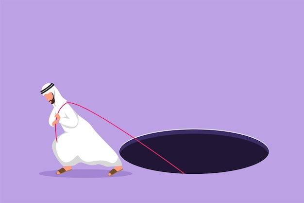 Graphic flat design drawing Arab businessman trying hard pulling rope to drag something from hole metaphor to facing big problem Business struggles in competition Cartoon style vector illustration