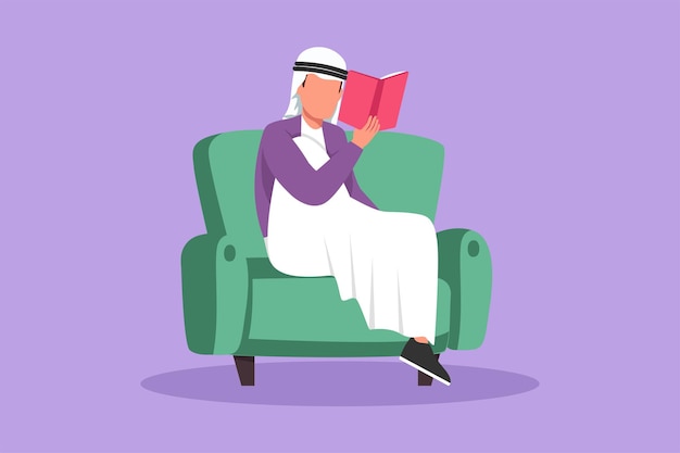 Graphic flat design drawing Arab man reading book sitting in armchair in cozy living room interior Intellectual manner Person relaxes after work sitting on couch Cartoon style vector illustration