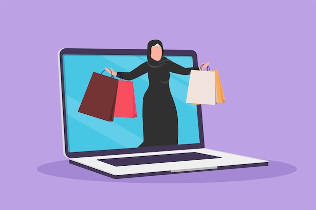 Graphic flat design drawing Arab woman coming out of laptop computer screen with holding shopping bags Sale digital lifestyle consumerism Online store technology Cartoon style vector illustration