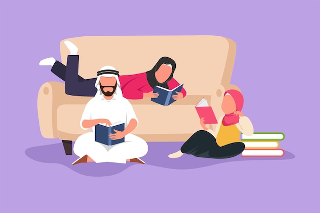 Graphic flat design drawing Arabian family reading books together in living room at home Mom leaning on couch and dad with little daughter are sitting on the floor Cartoon style vector illustration