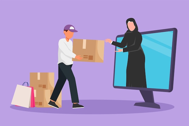 Graphic flat design drawing Arabian female customer receives boxed package through computer monitor screen from male courier Online delivery service Online store Cartoon style vector illustration