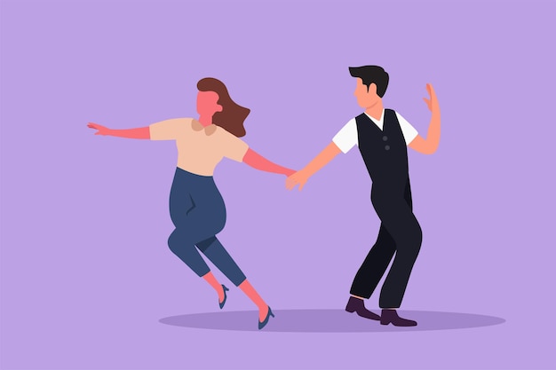 Graphic flat design drawing of attractive man and woman professional dancer couple dancing tango waltz dances on dancing contest Romantic night with dance together Cartoon style vector illustration