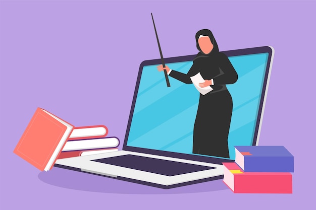 Graphic flat design drawing beauty Arab female teacher teaching half of her body is out of laptop computer screen with pile of book internet class Online learning Cartoon style vector illustration