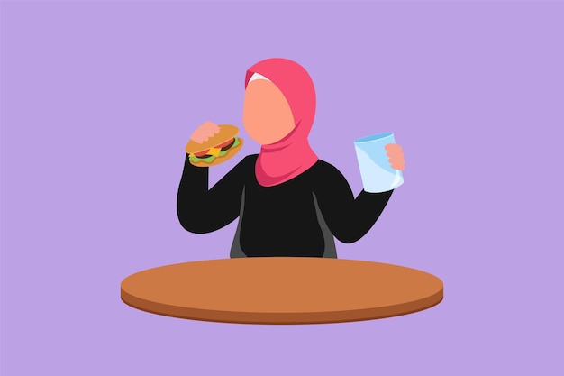 Graphic flat design drawing beauty Arabian little girl sitting at table and eating hamburger Tasty street burger fast food Unhealthy snack for preschool kid child Cartoon style vector illustration