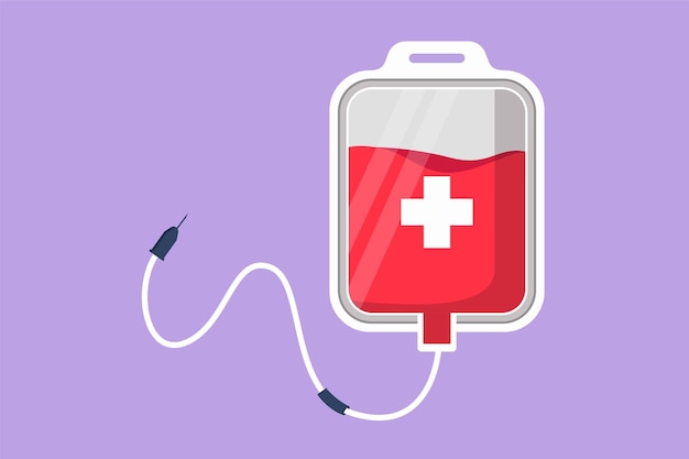 Graphic flat design drawing blood bag logo label IV bag in trendy flat style Infuse icon Blood bag for emergency rescue Medicine clinic and health care symbol Cartoon style vector illustration