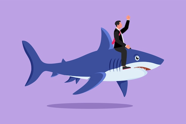 Vector graphic flat design drawing brave businessman riding huge dangerous shark professional entrepreneur character fight with predator business metaphor and competition cartoon style vector illustration