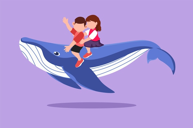 Graphic flat design drawing brave little boy and girl riding blue whale together Cute kids sitting on back of whale Cheerful children on back of large blue whale Cartoon style vector illustration