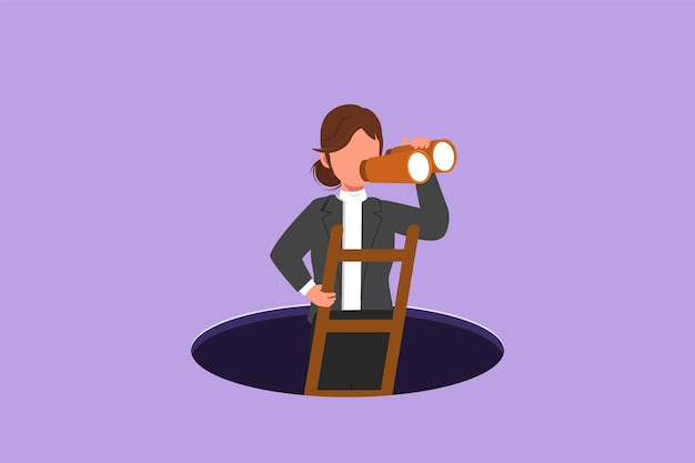 Graphic flat design drawing of businesswoman climbs out of hole by ladder and using binocular Business vision idea solution Looking for opportunity and challenge Cartoon style vector illustration