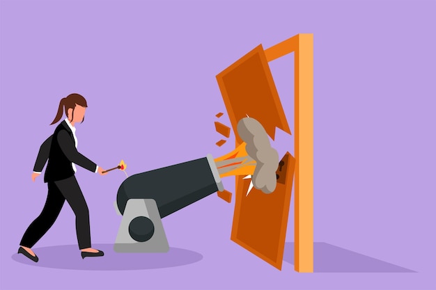 Graphic flat design drawing businesswoman ignites cannon in front of door and destroying door Eliminating barrier of entries destroying obstacles with brute force Cartoon style vector illustration