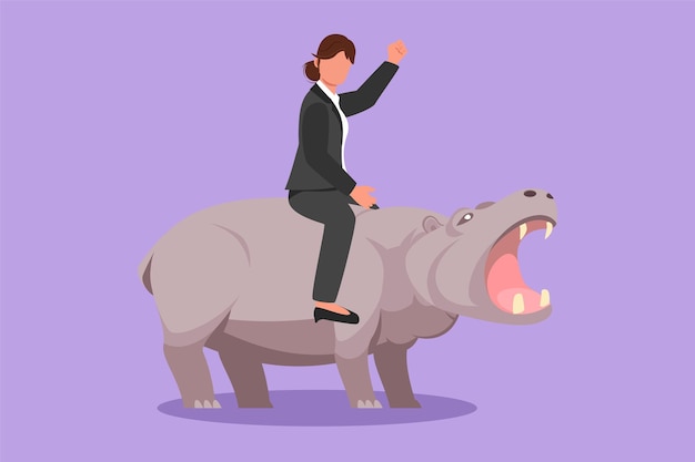 Graphic flat design drawing businesswoman riding hippopotamus symbol of success Business metaphor looking goal achievement leadership Professional entrepreneur Cartoon style vector illustration