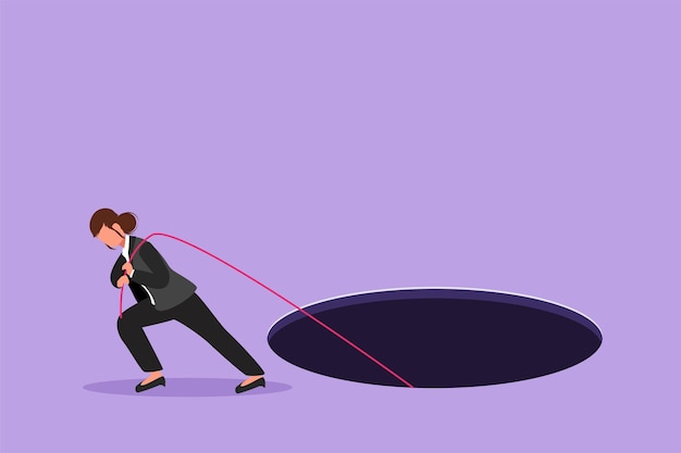 Graphic flat design drawing businesswoman trying hard pulling rope to drag something from hole metaphor to facing problem Business struggles in market competition Cartoon style vector illustration