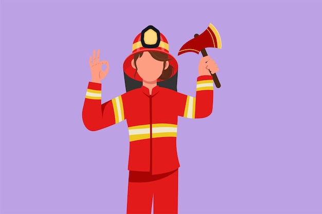 Graphic flat design drawing cute female firefighter in complete uniform holding glass breaking axe with okay gesture prepare to put out fire that burned the building Cartoon style vector illustration