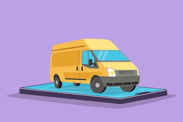 Graphic flat design drawing delivery car for deliver boxes packages on smartphone screen Online store delivery service transportation Fast delivery parcel concept Cartoon style vector illustration