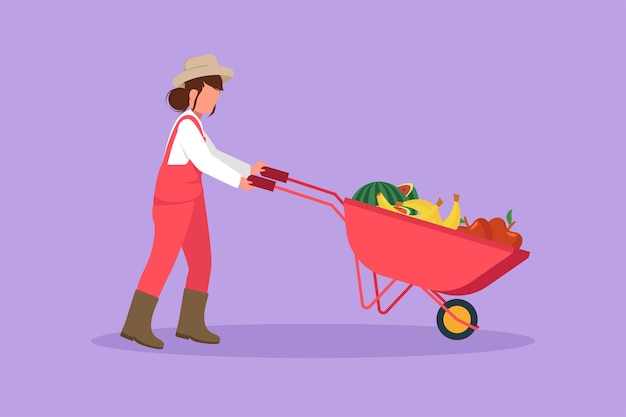 Graphic flat design drawing farmer pushing wheelbarrow with fruits harvest Farm worker going with garden cart with organic local vegetables Cute woman and pushcart Cartoon style vector illustration