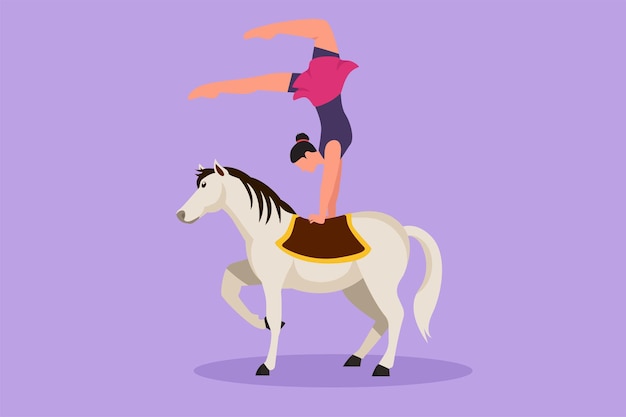 Graphic flat design drawing female acrobat performing hand stand dance on horseback Funny circus horse lifting one of its legs Circus show event entertainment Cartoon draw style vector illustration