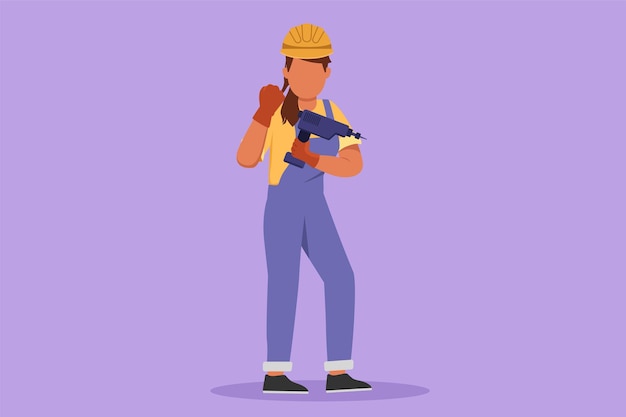 Graphic flat design drawing female carpenter standing with drill and celebrate gesture working for wood industry expert at using carpentry tool House renovation Cartoon style vector illustration