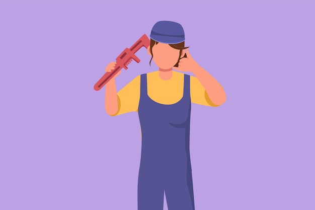 Graphic flat design drawing female plumber holding wrench and wearing helmet with call me gesture ready to work on repairing leaking drain in sink and houses drains Cartoon style vector illustration