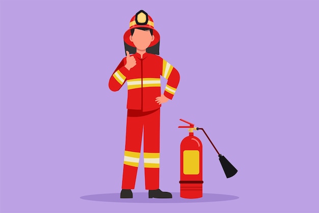 Graphic flat design drawing firefighters stood with fire extinguisher wearing helmets and uniforms complete with a thumbs up gesture to work to extinguish the fire Cartoon style vector illustration