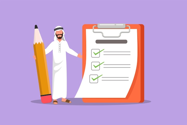 Graphic flat design drawing happy attractive Arabian businessman standing with huge pencil clipboard checklist completed Business success completed plan concept Cartoon style vector illustration