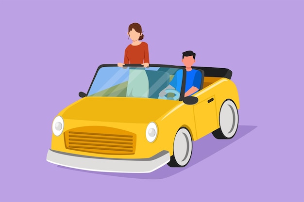 Graphic flat design drawing of happy couple riding car going on road trip Romantic man and woman driving in cabriolet car travel around city Couple summer vacation Cartoon style vector illustration