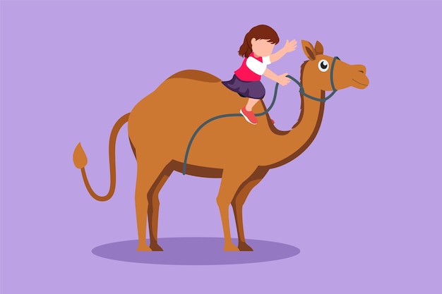 Vector graphic flat design drawing happy little girl riding camel in arabian desert child sitting on hump camel with saddle in desert adorable kids learning to ride camel cartoon style vector illustration