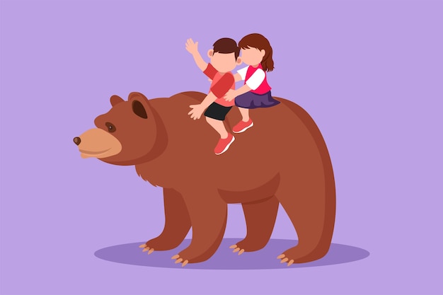 Graphic flat design drawing little boy and girl riding brown grizzly bear together Children sitting on back bear at circus event Kids learning to ride beast animal Cartoon style vector illustration