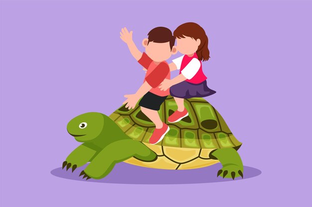 Vector graphic flat design drawing little boy and girl riding sea turtle together children sitting on back tortoise with fins diving in beach kids learning to ride turtle cartoon style vector illustration