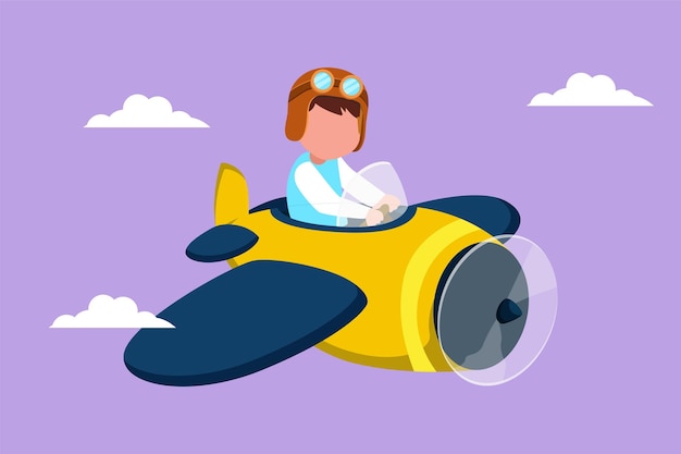 Vector graphic flat design drawing little boy operating plane kids flying in airplane happy smiling kid flying plane like real pilot and dreaming of piloting profession cartoon style vector illustration