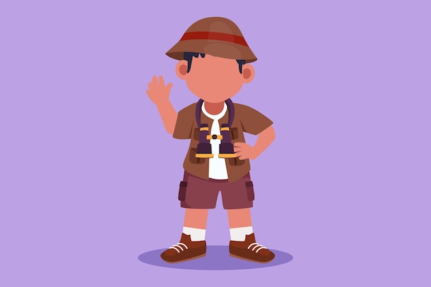 Graphic flat design drawing little boy scout wearing safari outfit complete with hat carrying bag and draping binoculars Adorable kid adventurer learn about nature Cartoon style vector illustration