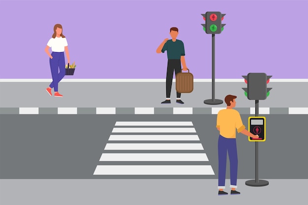 Graphic flat design drawing man pushes a button at a traffic light to cross the road on zebra crossing Road is busy during office hours Roadway scene at rush hour Cartoon style vector illustration